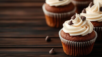 Delicious chocolate cupcake with creamy frosting and chocolate chips on top, set against a rustic wooden background.