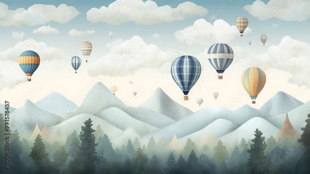 Hot air Balloons and mountains wallpaper mural, kids room illustration ...
