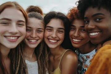 Diverse group of women smiling together in a close-up group photo, enjoying friendship and fun.