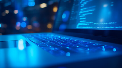 A laptop computer with a blue screen displaying code