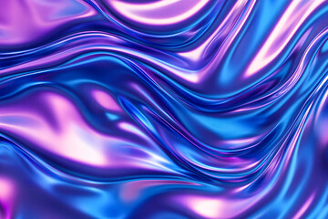 Wall Mural - 3d render Metallic liquid background. Abstract neon texture. Rainbow 3d holographic foil. Wavy glossy surface in blue and purple colors Background