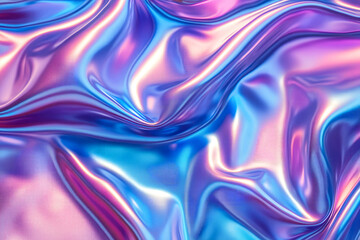 Wall Mural - 3d render Metallic liquid background. Abstract neon texture. Rainbow 3d holographic foil. Wavy glossy surface in blue and purple colors Background