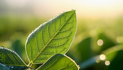 Wall Mural - Detailed perspective of a soybean leaf sparkling with early dew, positioned against a gently faded background