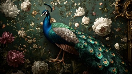 Peacock in a Floral Setting