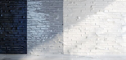 Wall Mural - minimalist crystal brick wall with one side in navy blue and the other in light gray, sleek texture 
