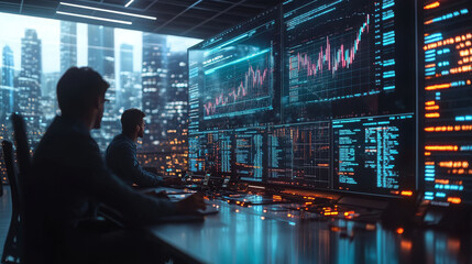 Two individuals analyze data on large screens in a futuristic trading room, showcasing complex graphs against a city backdrop.