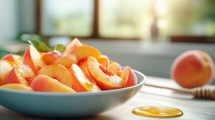 Freshly cut peaches in a bowl with honey, perfect for a healthy snack or dessert. Bright and vibrant kitchen setting in the background.