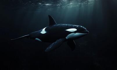 orca swims in dark, sunlit water.