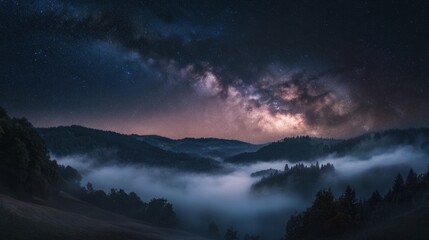 Wall Mural - milky way galaxy shining above a misty valley at night, casting a cosmic glow over the rolling hills