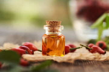 Wall Mural - A transparent glass bottle of rose hip seed oil with fresh red rosehips