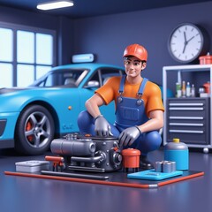 3D cartoon mechanic working on a car engine in a modern auto repair shop. Professional automotive service with tools and bright colors.
