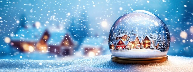 Close-up of a snow globe with a Christmas village inside, snow gently falling when shaken, soft white light