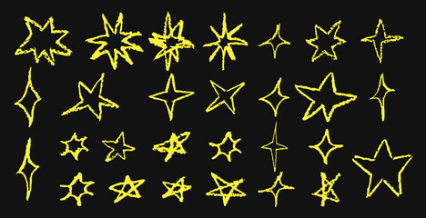 Wall Mural - Set of fun like kid drawing yellow stars on black chalkboard. Collection of wax pencil texture geometric elements. Night sky symbols scribble, doodle. Rough crayon, chalk vector illustration