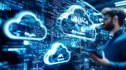 Man Interacting with a Digital Interface Showing Cloud Computing Symbols