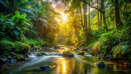 Serene small forest stream flowing at sunset in Guadeloupe jungle nature scenic landscape tranquility peaceful water reflection trees foliage greenery lush tropical environment bea