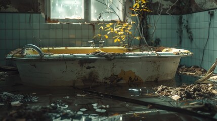 Poster - A worn out bathtub in a neglected bathroom