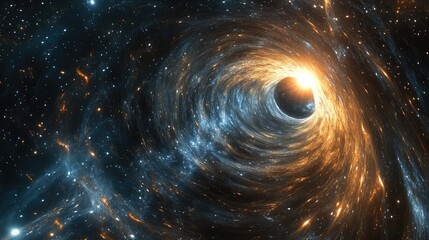 Illustrate the effect of extreme gravity on space, with distorted star fields and warped light bending around a central mass.