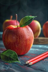 Wall Mural - A bright red apple sits next to a matching red pencil