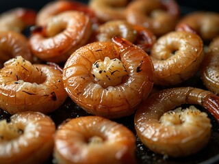 Close-up of smoked and salted shrimp for snacking.