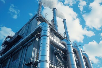 Poster - A close-up view of a factory's pipes and equipment, emitting thick white smoke into the air