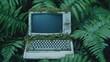 © Wimon - An old computer covered in moss and plants, still running and connected to a network, symbolizing natures resilience alongside technology.