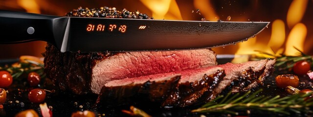 Close-up of an electric knife slicing through a roast, digital screen displaying precision settings, soft kitchen light