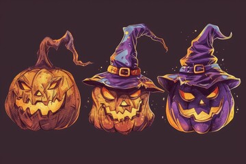 Wall Mural - Three pumpkins decorated with witches' hats for a spooky Halloween theme