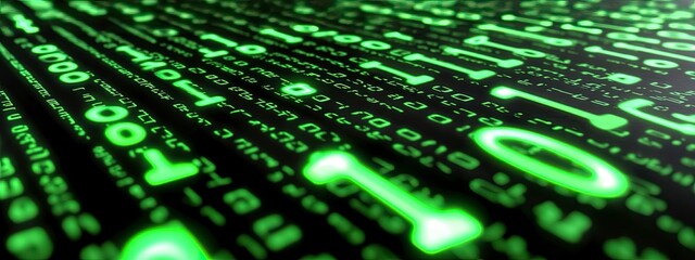 Wall Mural - close-up of binary code streaming across a screen, green numbers glowing softly, digital blur in the