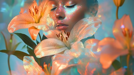 Canvas Print - A woman surrounded by vibrant flowers radiates a serene and ethereal atmosphere in a dreamy setting