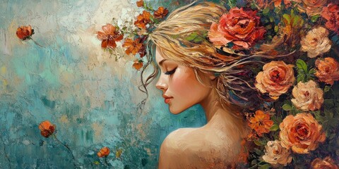 Poster - A beautiful woman with flowing hair adorned with roses creates a serene and enchanting atmosphere. This stunning artwork combines elements of nature and femininity. AI