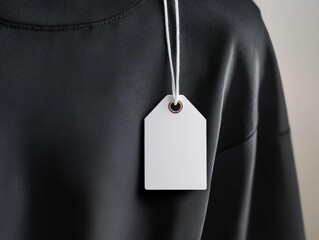 Minimalist apparel tag hanging from a sleek black garment, with a soft focus on fabric texture, emphasizing brand elegance