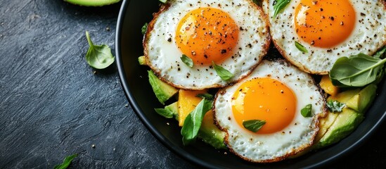 Wall Mural - Delicious Fried Eggs with Avocado and Basil