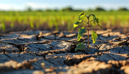 Wall Mural - Struggling plant in parched earth highlighting drought challenges and its effects on agriculture, emphasizing environmental issues and water scarcity