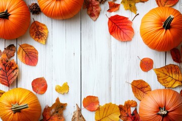 Wall Mural - Autumn background with pumpkins and leaves on white wooden background. Thanksgiving concept with copy space .geneative ai