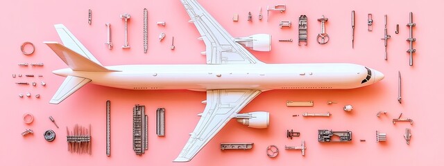 Detailed view of a model airplane being assembled, parts neatly laid out, soft indoor lighting