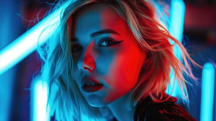 Canvas Print - A woman with blonde hair and blue lights, possibly for a concert or show