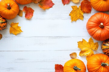 Wall Mural - Autumn background with pumpkins and leaves on white wooden background. Thanksgiving concept with copy space .geneative ai