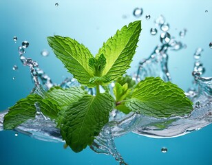 Wall Mural - Vibrant mint leaves thriving in water, detached from background
