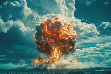 Poster - A massive explosion of smoke and fire in the sky with dramatic clouds and fiery tendrils