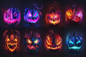 Canvas Print - Set of Halloween pumpkins with glowing faces, perfect for autumn or spooky decorations