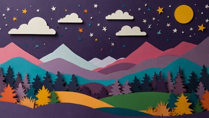 Wall Mural - Colorful paper cut-out landscape with clouds, mountains, and stars on purple.