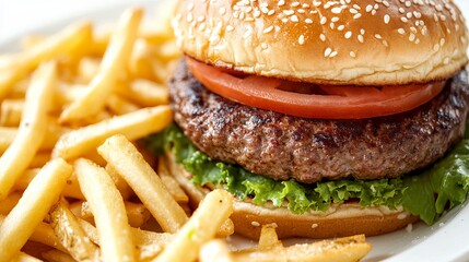 A juicy burger, close-up on a white background. It's served with french fries, perfect for a quick and tasty meal at home.