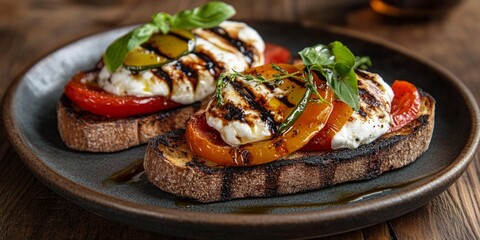 Wall Mural - Delicious grilled vegetable toast served on a rustic plate. Fresh tomatoes and creamy cheese topped with herbs create a beautiful dish. Perfect for food lovers. AI