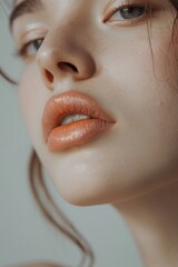 Wall Mural - A close-up portrait of a woman with vibrant orange lipstick, suitable for beauty or fashion related projects