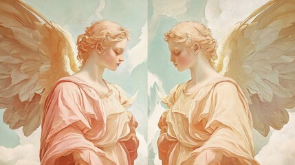 Wall Mural - Two female angels with wings, painted in a renaissance style, looking at each other against a blue sky with clouds.