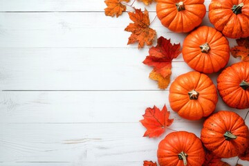 Wall Mural - Autumn background with pumpkins and leaves on white wooden background. Thanksgiving concept with copy space .geneative ai