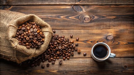 Rustic coffee beans in burlap sack with cup of brewed coffee on wooden background