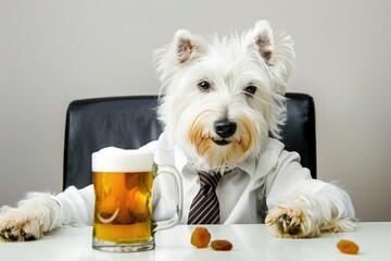 Poster - A dog sitting at a table with a glass of beer, ready for a cold one