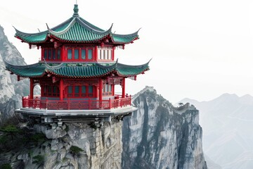 Canvas Print - A traditional Asian-style pagoda sits atop a mountain, with a bright red and green color scheme