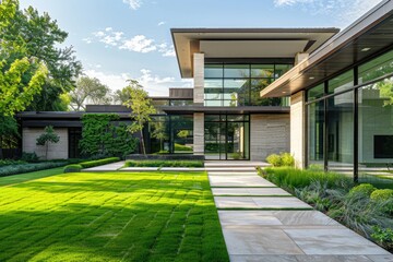 Poster - A house with a well-manicured lawn and a walkway leading up to the front door